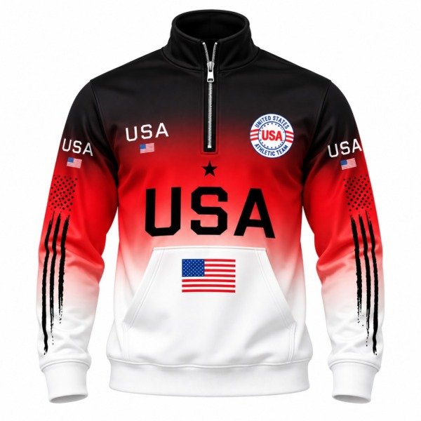 Kırmızı–Siyah USA Baskılı Yarım Fermuarlı Sweatshirt
