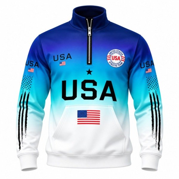 Mavi–Turkuaz USA Baskılı Yarım Fermuarlı Sweatshirt
