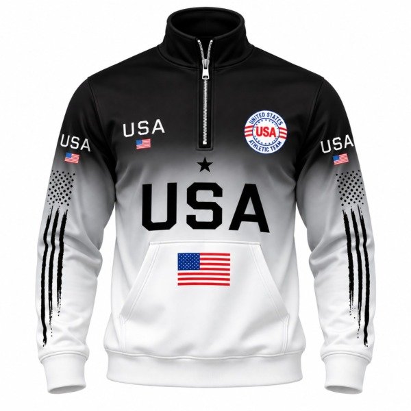 Siyah–Gri USA Baskılı Yarım Fermuarlı Sweatshirt